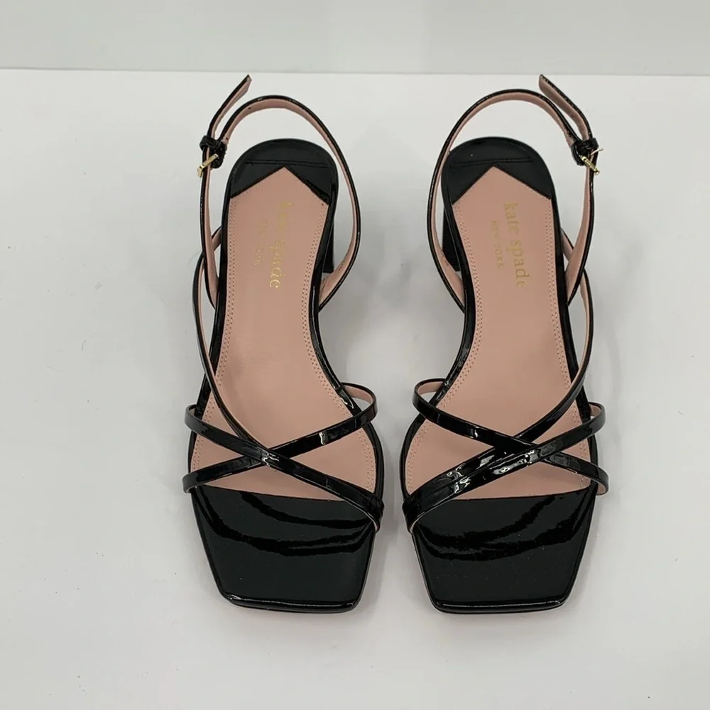 Kate Spade Renee strappy sandals block heel black patent slingback shoe square 9